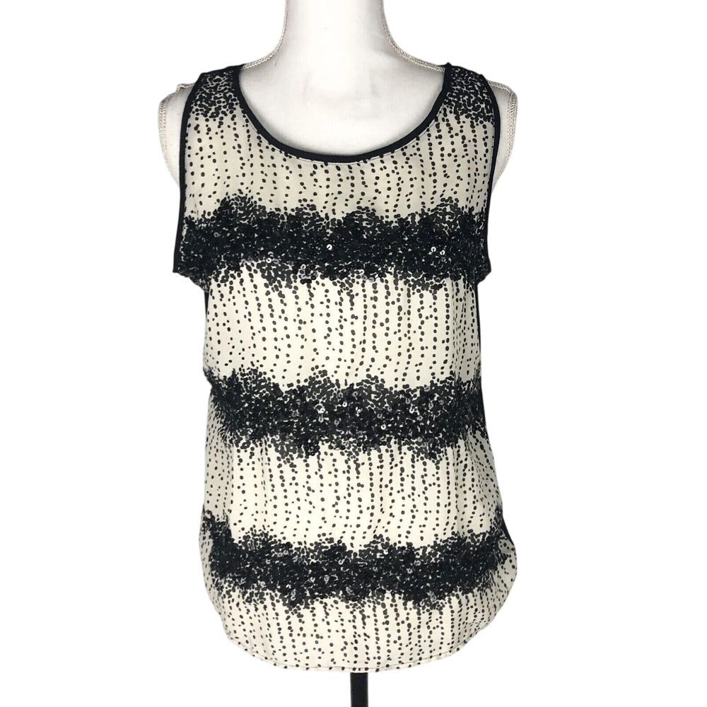 Anne Taylor Loft Women's Ivory Black Sleeveless Top Sequins Size LP